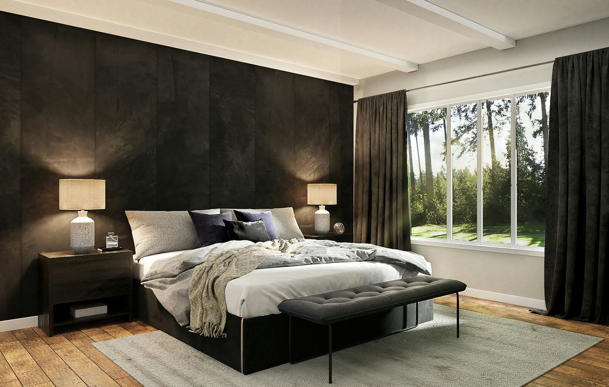 Bedroom with a matt black wall, pale linen bedding and a large window onto trees